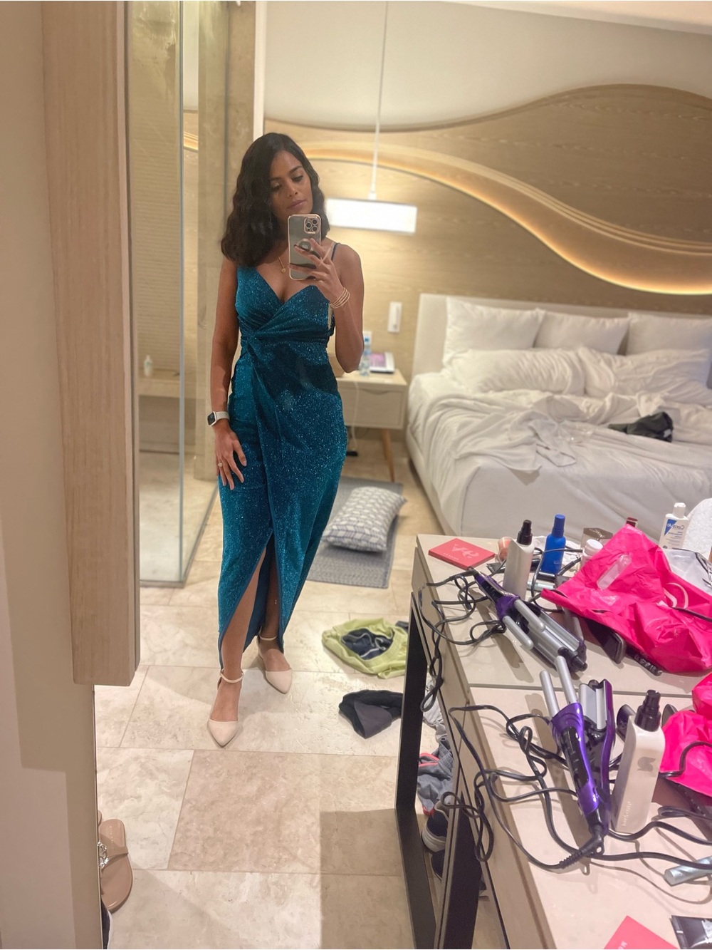 Lulu's Teal Sparkle Wrap Midi Dress